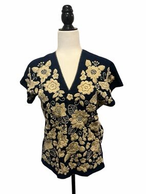 Navy V-Neck Women’s Top with Cream Floral Embroidery